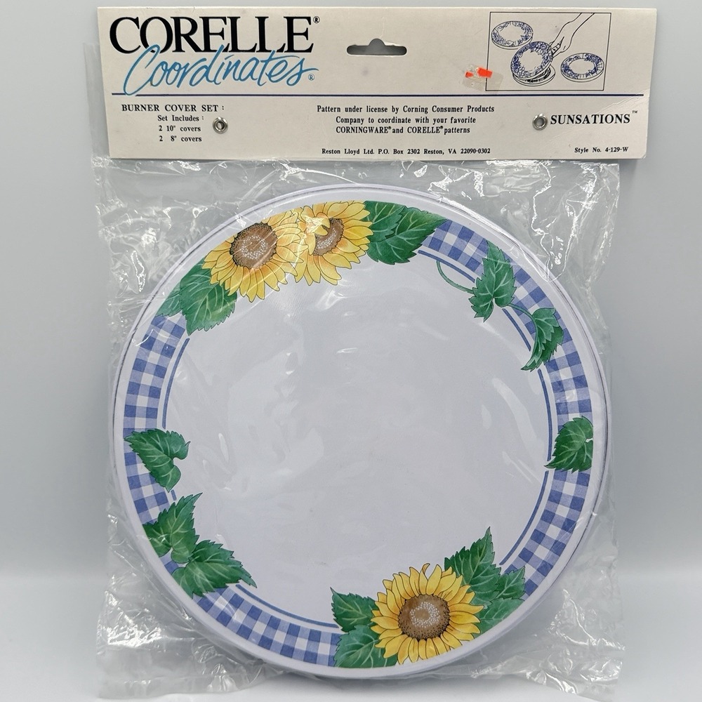 VTG Corelle Coordinates Sunsations Burner Cover Set of 4 Sunflower Gingham NOS